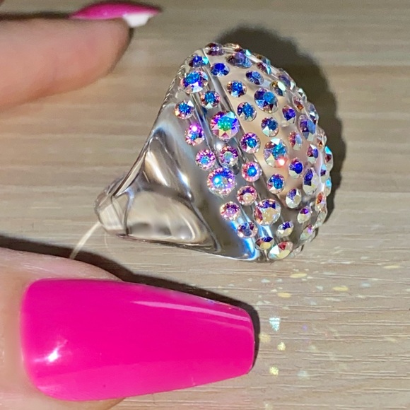 Clear Acrylic Ring Embellished With Aurora borealis Swarovski Crystal stones. - Picture 1 of 12